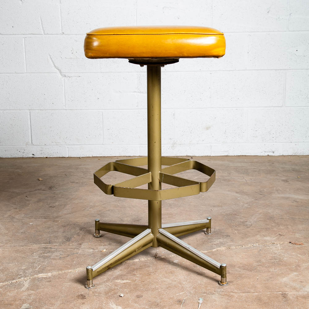Mid Century Modern Bar Stool Mustard Yellow Metal Back 30" High Swivel Chair Mcm - Image 4