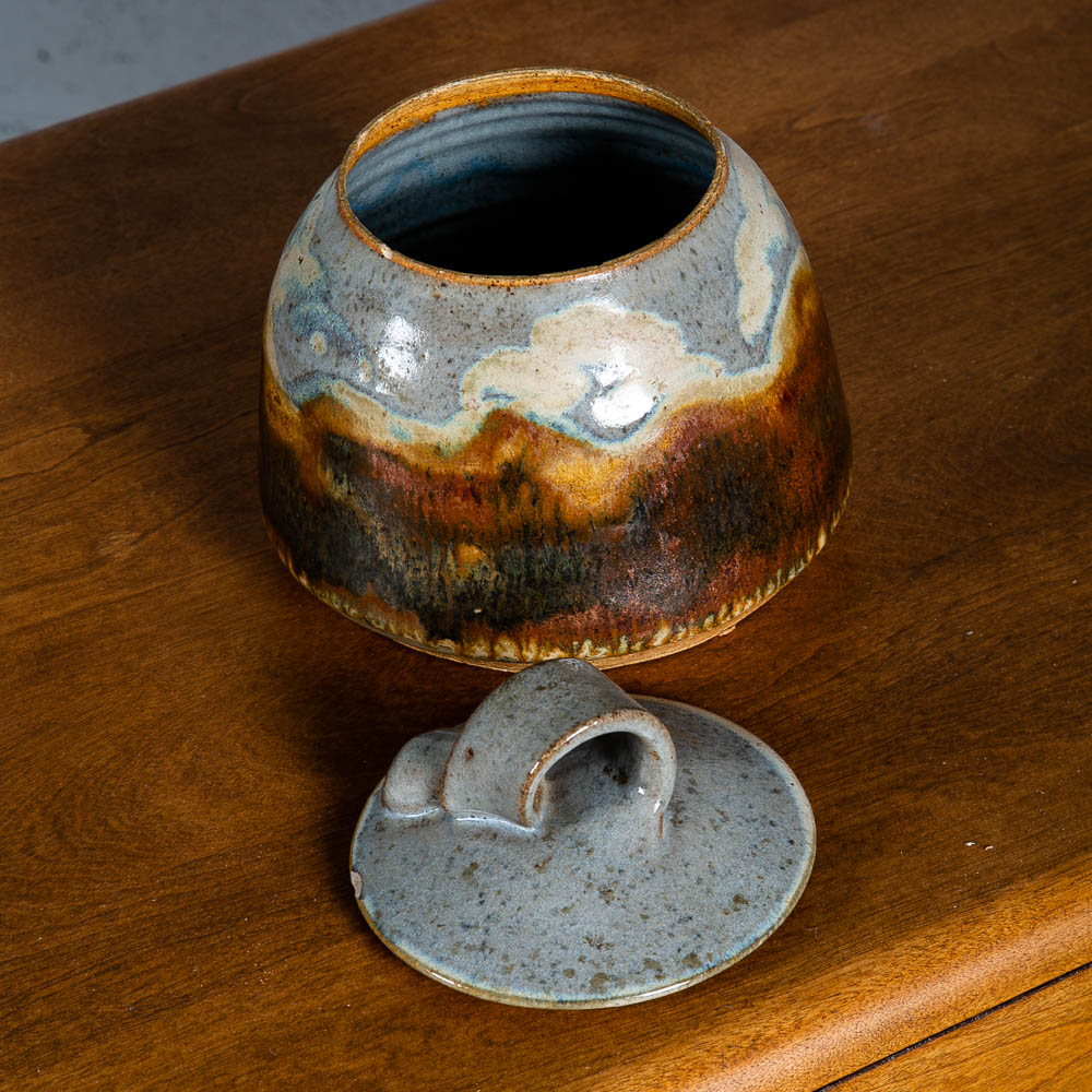 Mid Century Modern Studio Pottery Pot Lidded Drip Glaze Ceramic Brown Signed - Image 3