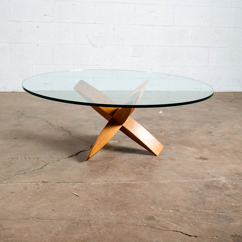 Mid Century Modern Coffee Table Round Glass Jacks Solid Cherry Sculptural Mcm - Image 9