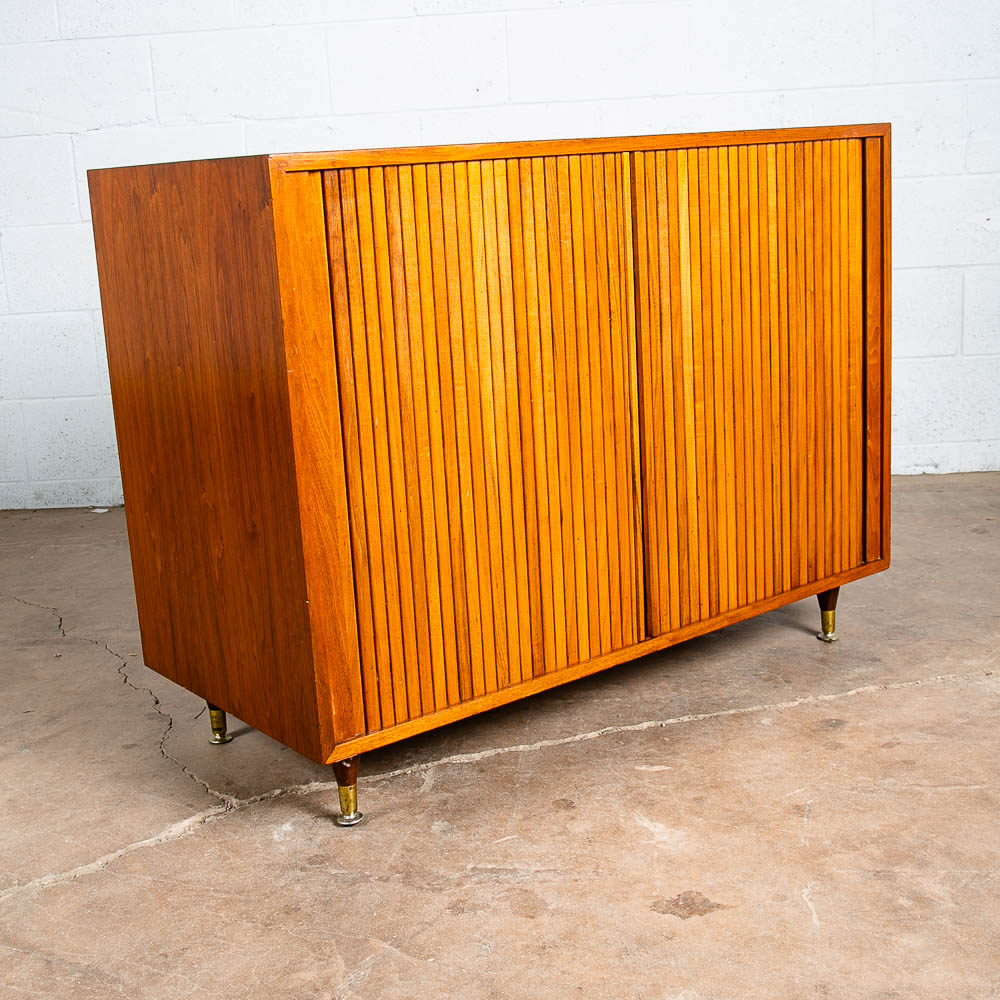 Mid Century Modern Credenza Stereo Console Cabinet Tambour Door Barzilay Walnut - Image 4