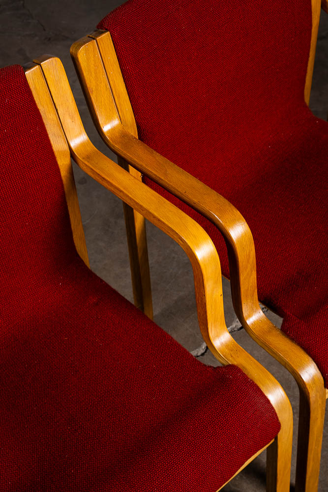 Mid Century Modern Dining Chairs Set 4 Arms Stendig Sculptural Red Oak Stackable - Image 9