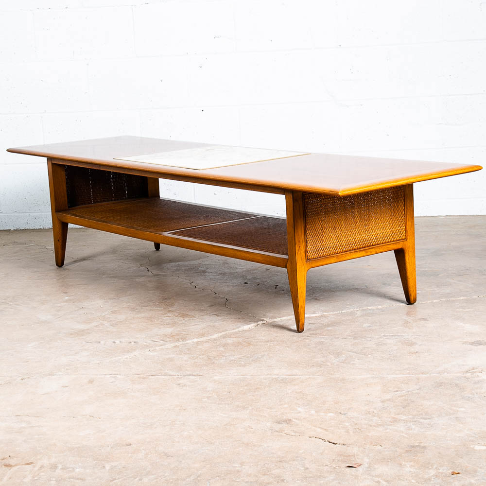 Mid Century Modern Coffee Table Drexel Surfboard White Marble Walnut Wood Mcm LG - Image 2