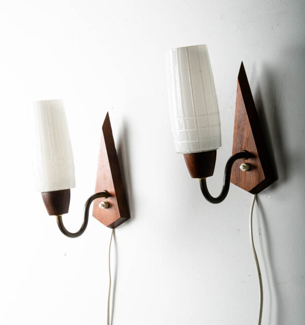 Mid Century Modern Wall Sconce Lamp Set Light Frosted Glass Light Rosewood Pair - Image 2