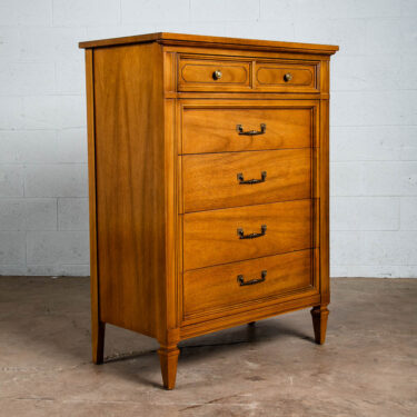 Mid Century Modern Dresser Highboy Dixie Walnut 5 Drawer Wood Brass Chest Handle