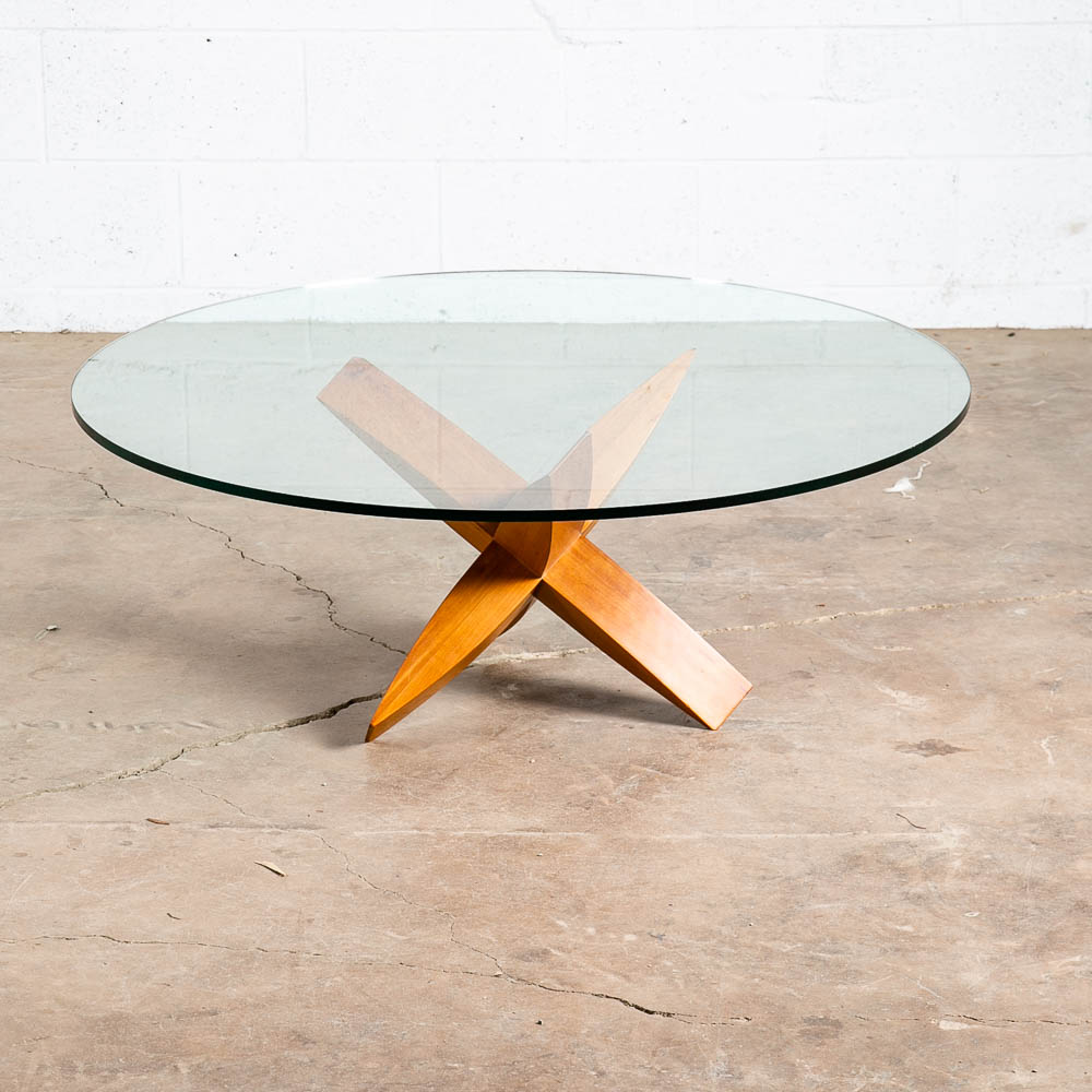 Mid Century Modern Coffee Table Round Glass Jacks Solid Cherry Sculptural Mcm - Image 3