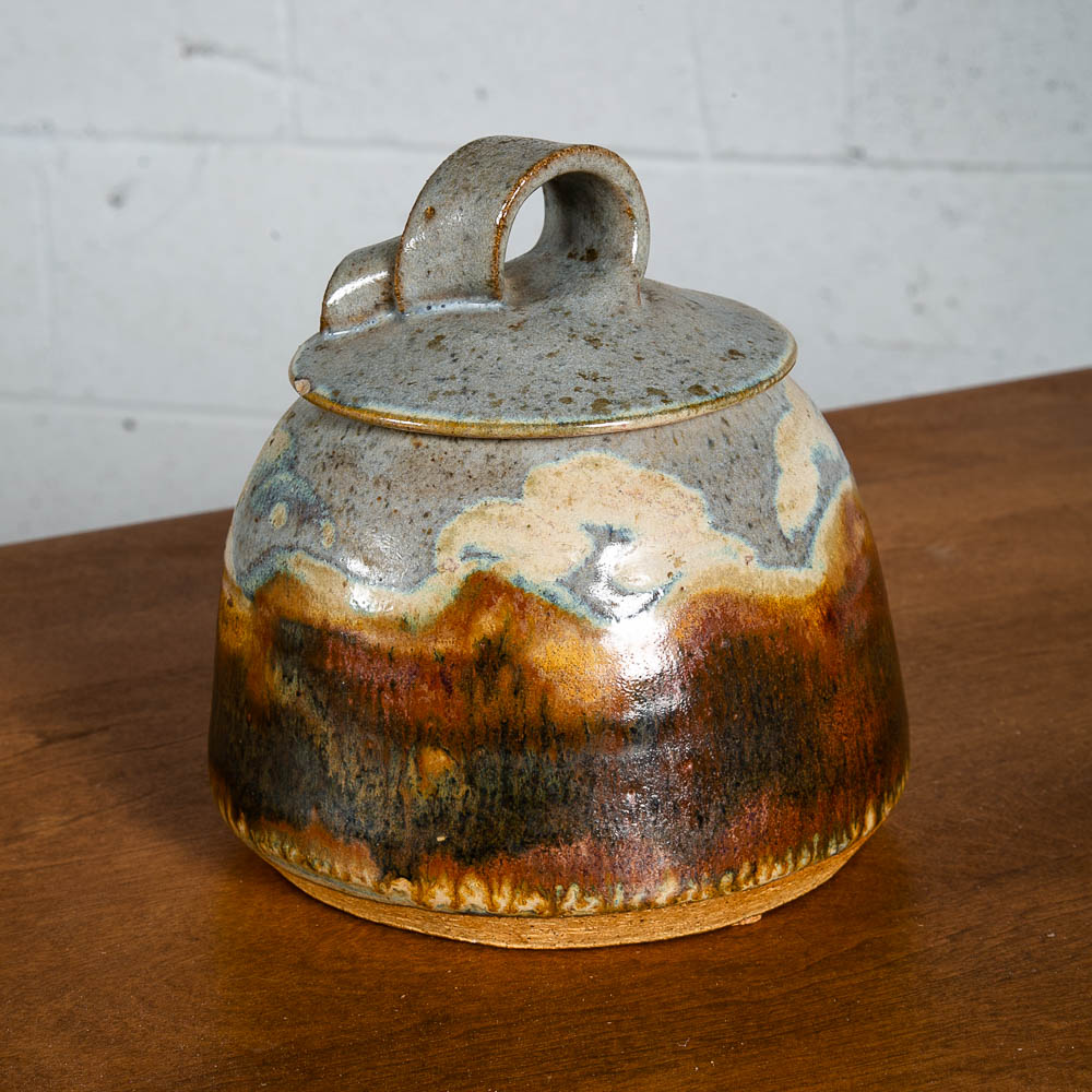 Mid Century Modern Studio Pottery Pot Lidded Drip Glaze Ceramic Brown Signed