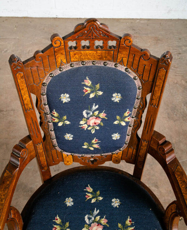 Antique Eastlake Chair Set Armchairs Blue Brown Burl Solid Walnut American Pair - Image 10
