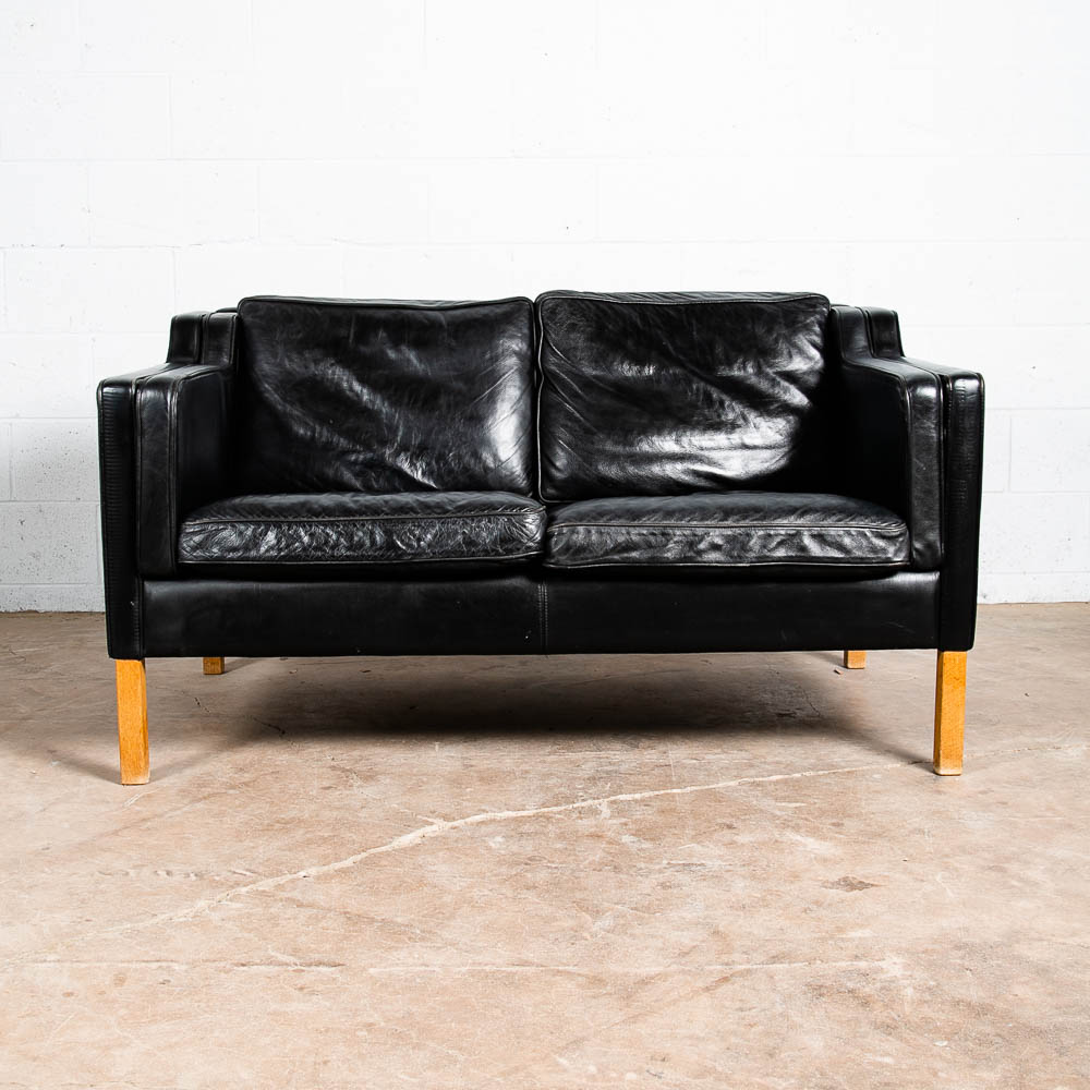Mid Century Danish Modern Sofa Couch 2 Seat Borge Mogensen Leather Black Settee - Image 2