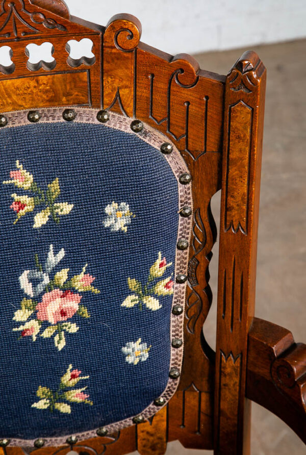 Antique Eastlake Chair Set Armchairs Blue Brown Burl Solid Walnut American Pair - Image 11