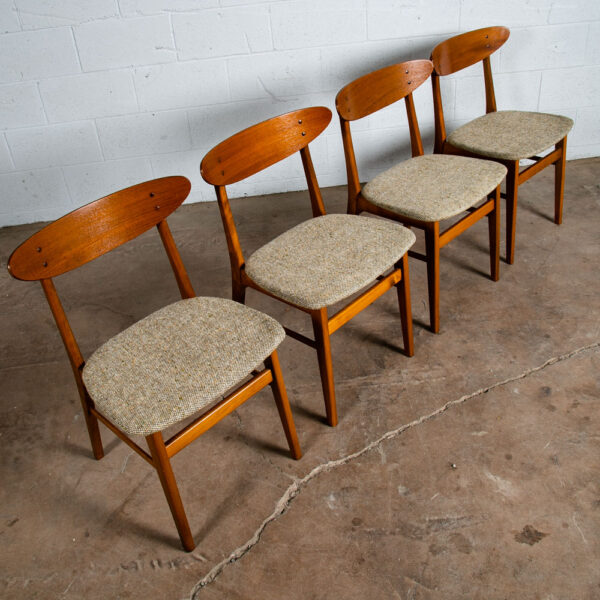 Mid Century Danish Modern Dining Chair Oatmeal Tweed Set 4 Teak Round Copenhagen