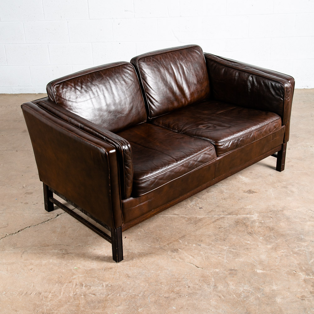 Mid Century Danish Modern Sofa Couch Brown Leather 2 Seat Settee Vintage Denmark