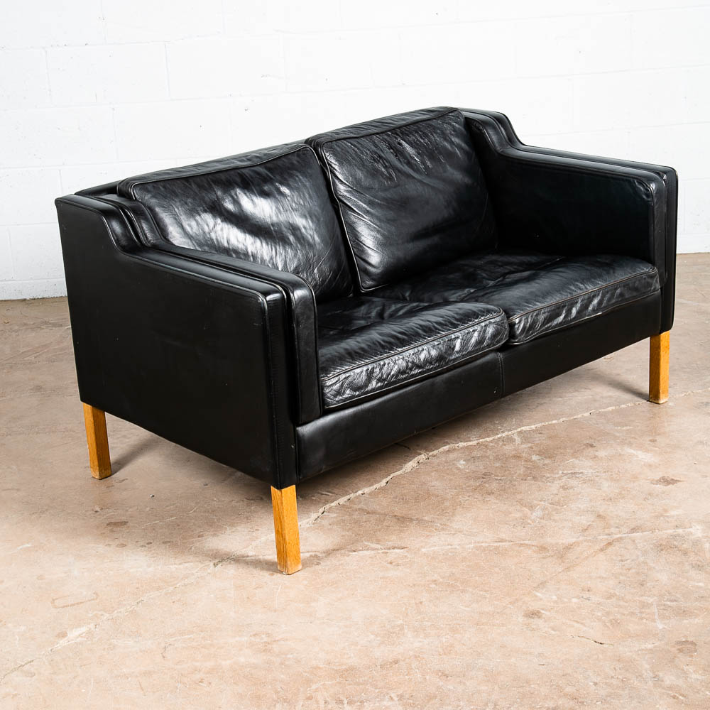 Mid Century Danish Modern Sofa Couch 2 Seat Borge Mogensen Leather Black Settee