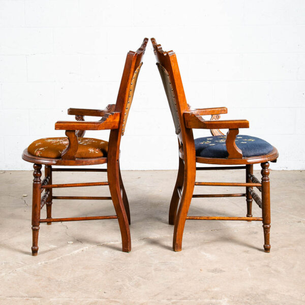 Antique Eastlake Chair Set Armchairs Blue Brown Burl Solid Walnut American Pair - Image 2