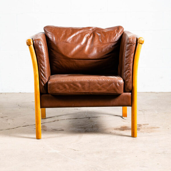 Mid Century Danish Modern Lounge Chair Stouby Worn Leather Brown Arm Denmark VG+ - Image 2