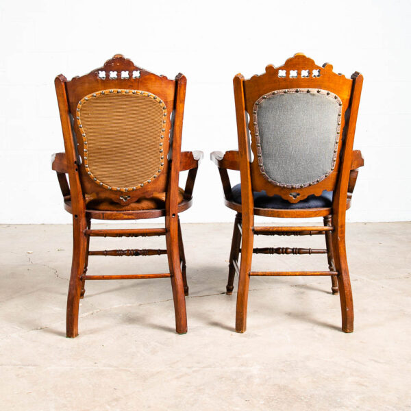 Antique Eastlake Chair Set Armchairs Blue Brown Burl Solid Walnut American Pair - Image 5