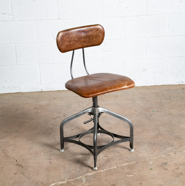 Vintage Drafting Stool Chair Restoration Hardware Adjustable Metal Brown Leather