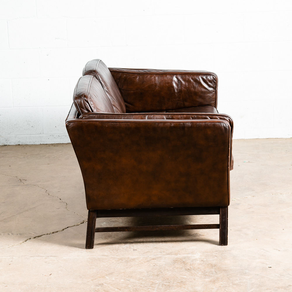 Mid Century Danish Modern Sofa Couch Brown Leather 2 Seat Settee Vintage Denmark - Image 4