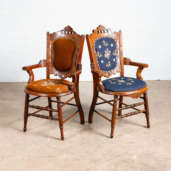 Antique Eastlake Chair Set Armchairs Blue Brown Burl Solid Walnut American Pair