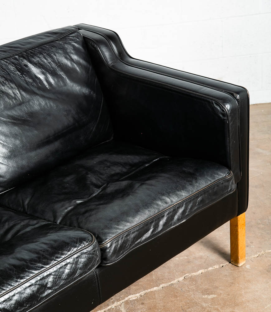 Mid Century Danish Modern Sofa Couch 2 Seat Borge Mogensen Leather Black Settee - Image 9
