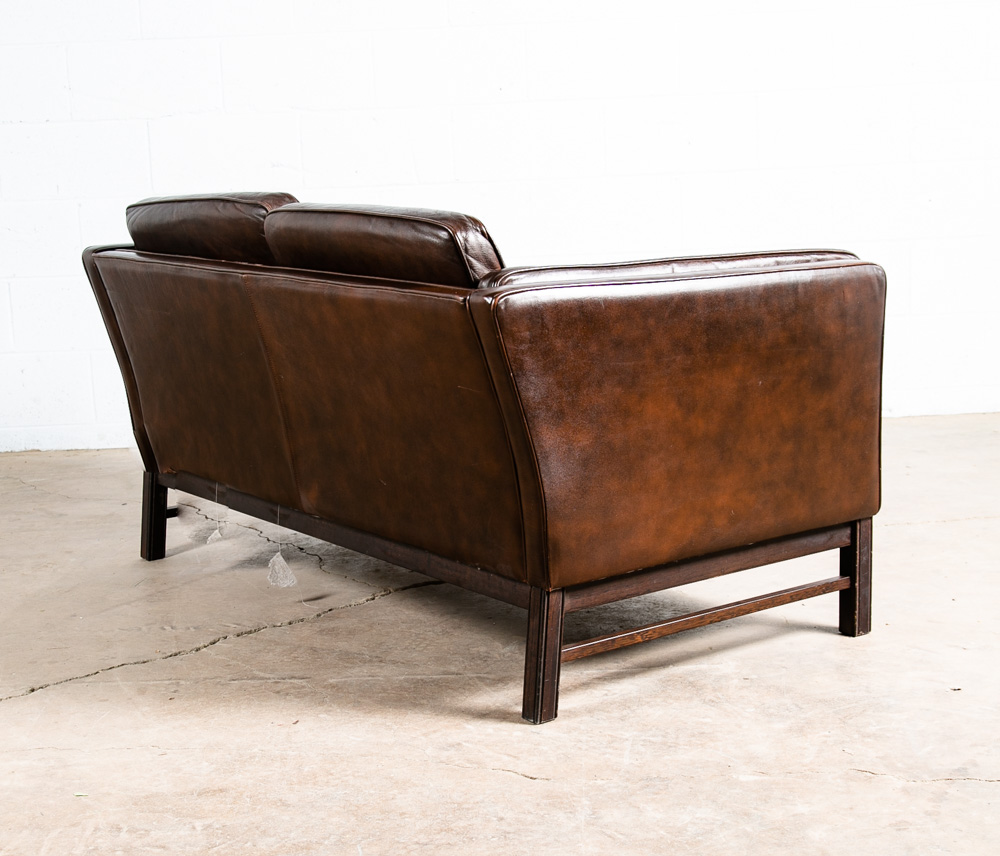 Mid Century Danish Modern Sofa Couch Brown Leather 2 Seat Settee Vintage Denmark - Image 5