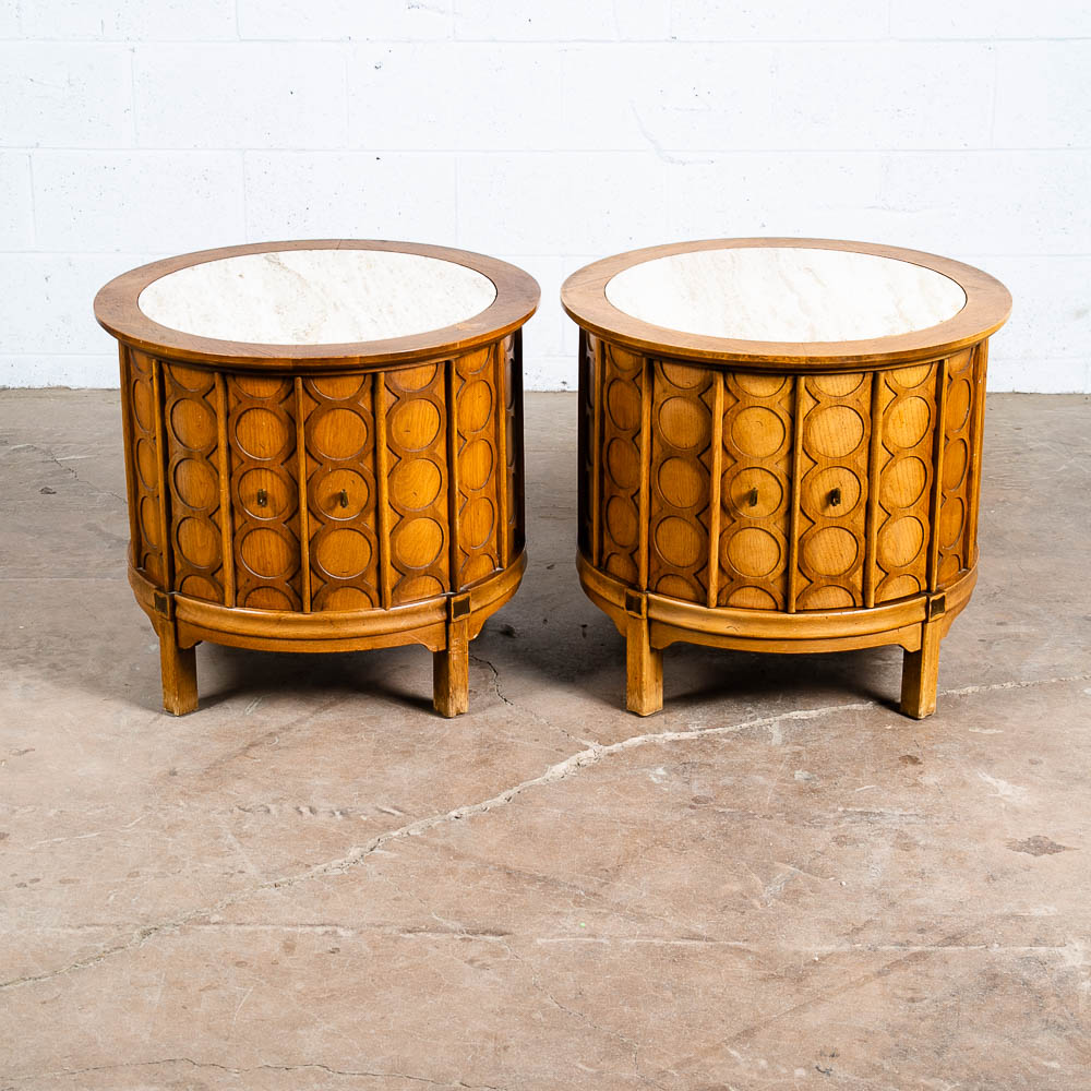 Mid Century Modern Side Tables End Nightstands Round Marble Door SetThomasville - Image 4
