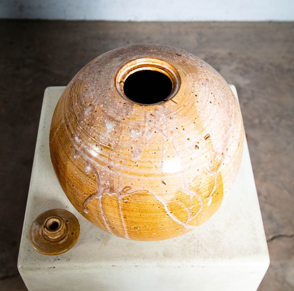 Mid Century Modern Lidded Pot Tan Brown Orange Round Studio Ceramic Japanese Mcm - Image 5