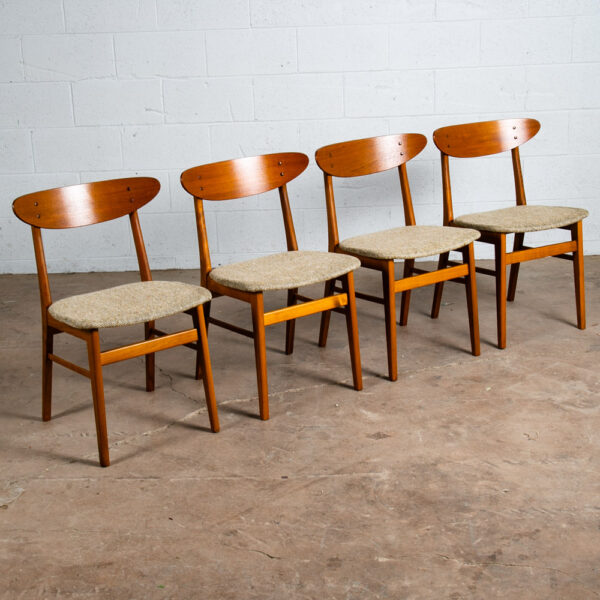Mid Century Danish Modern Dining Chair Oatmeal Tweed Set 4 Teak Round Copenhagen - Image 3