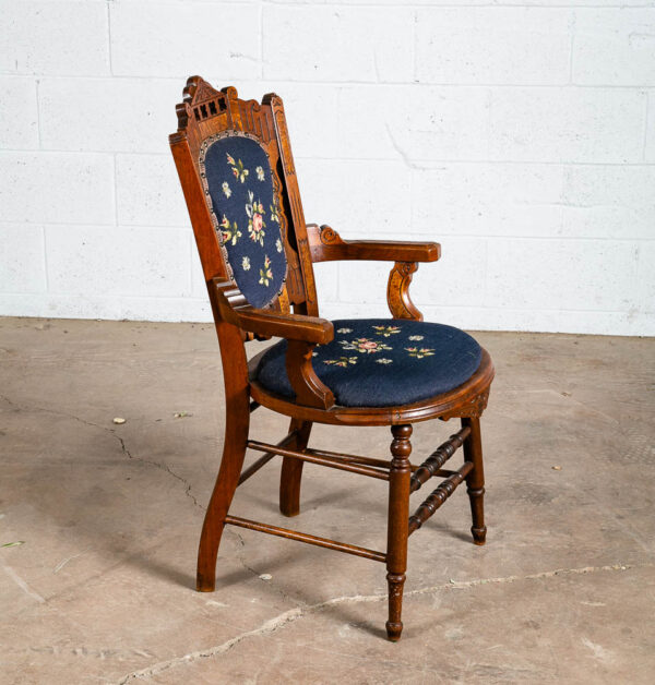 Antique Eastlake Chair Set Armchairs Blue Brown Burl Solid Walnut American Pair - Image 6