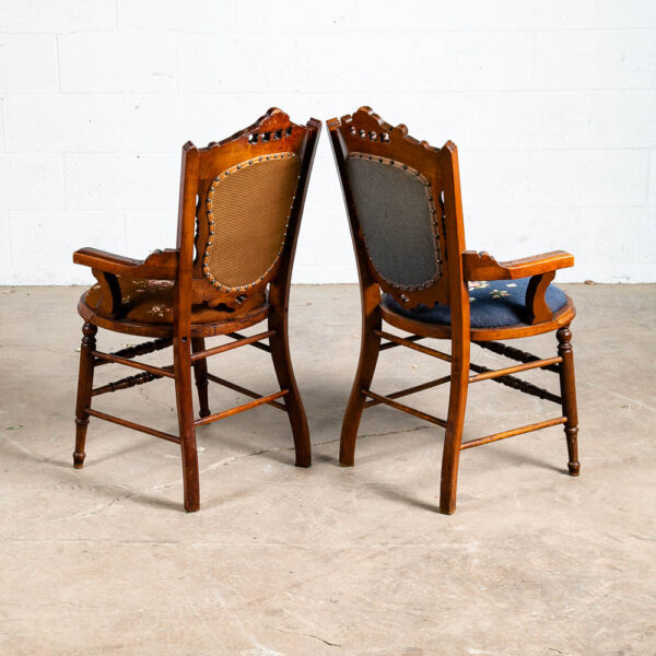 Antique Eastlake Chair Set Armchairs Blue Brown Burl Solid Walnut American Pair - Image 4