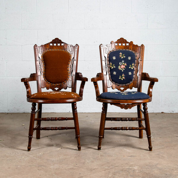 Antique Eastlake Chair Set Armchairs Blue Brown Burl Solid Walnut American Pair - Image 3