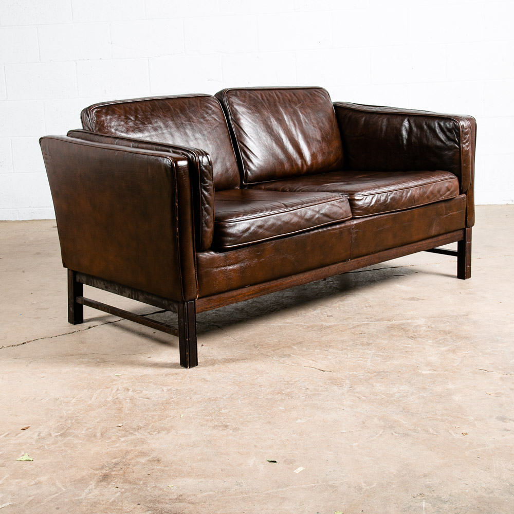Mid Century Danish Modern Sofa Couch Brown Leather 2 Seat Settee Vintage Denmark - Image 3