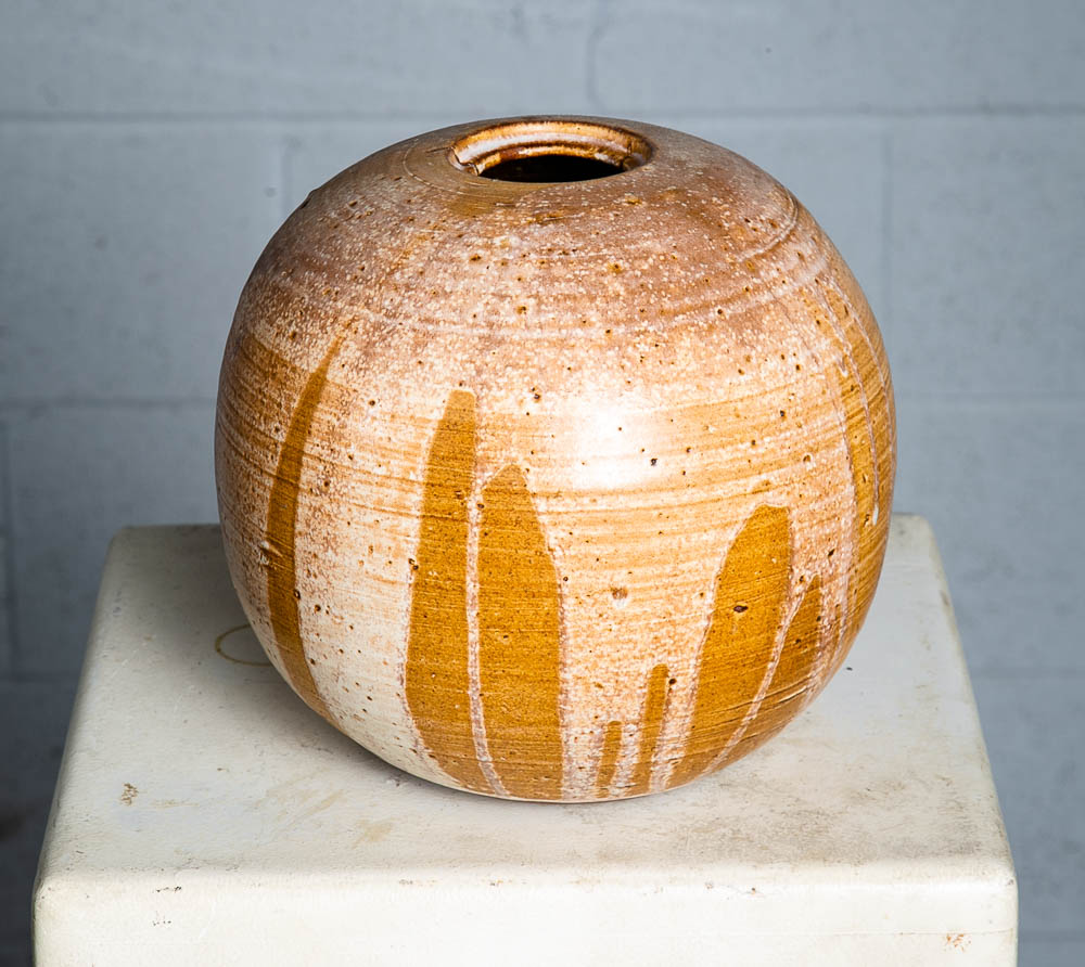 Mid Century Modern Lidded Pot Tan Brown Orange Round Studio Ceramic Japanese Mcm - Image 4