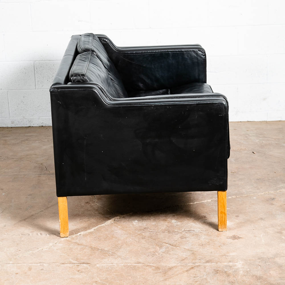 Mid Century Danish Modern Sofa Couch 2 Seat Borge Mogensen Leather Black Settee - Image 7