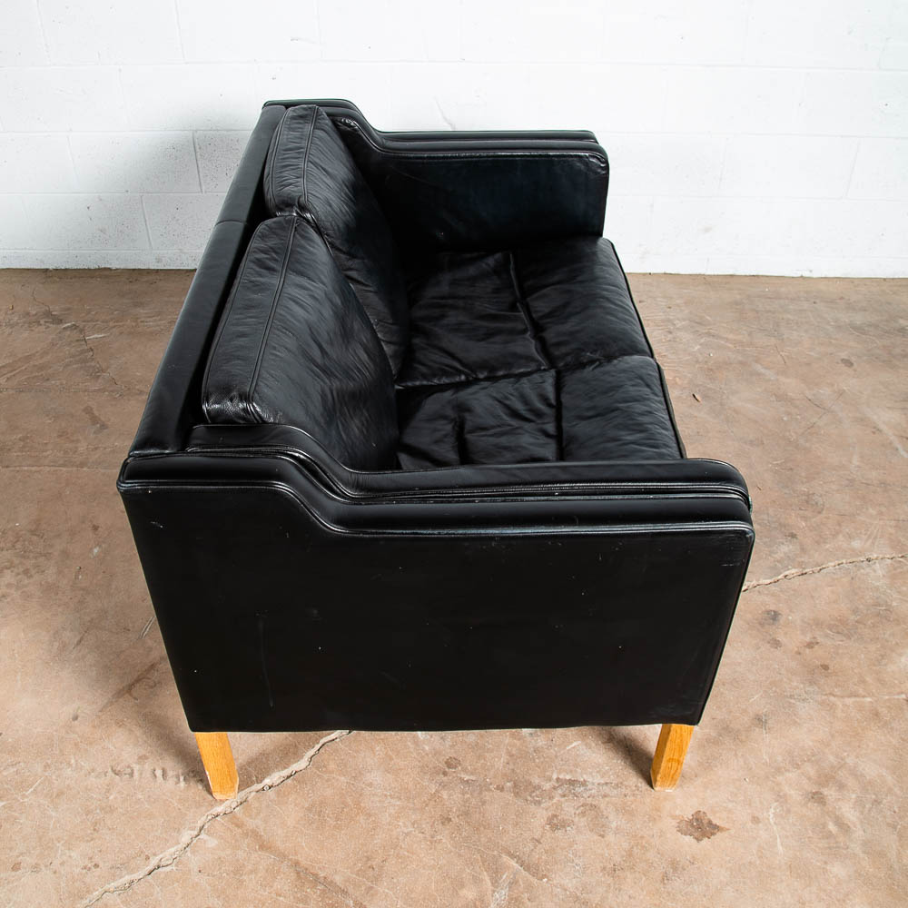 Mid Century Danish Modern Sofa Couch 2 Seat Borge Mogensen Leather Black Settee - Image 5