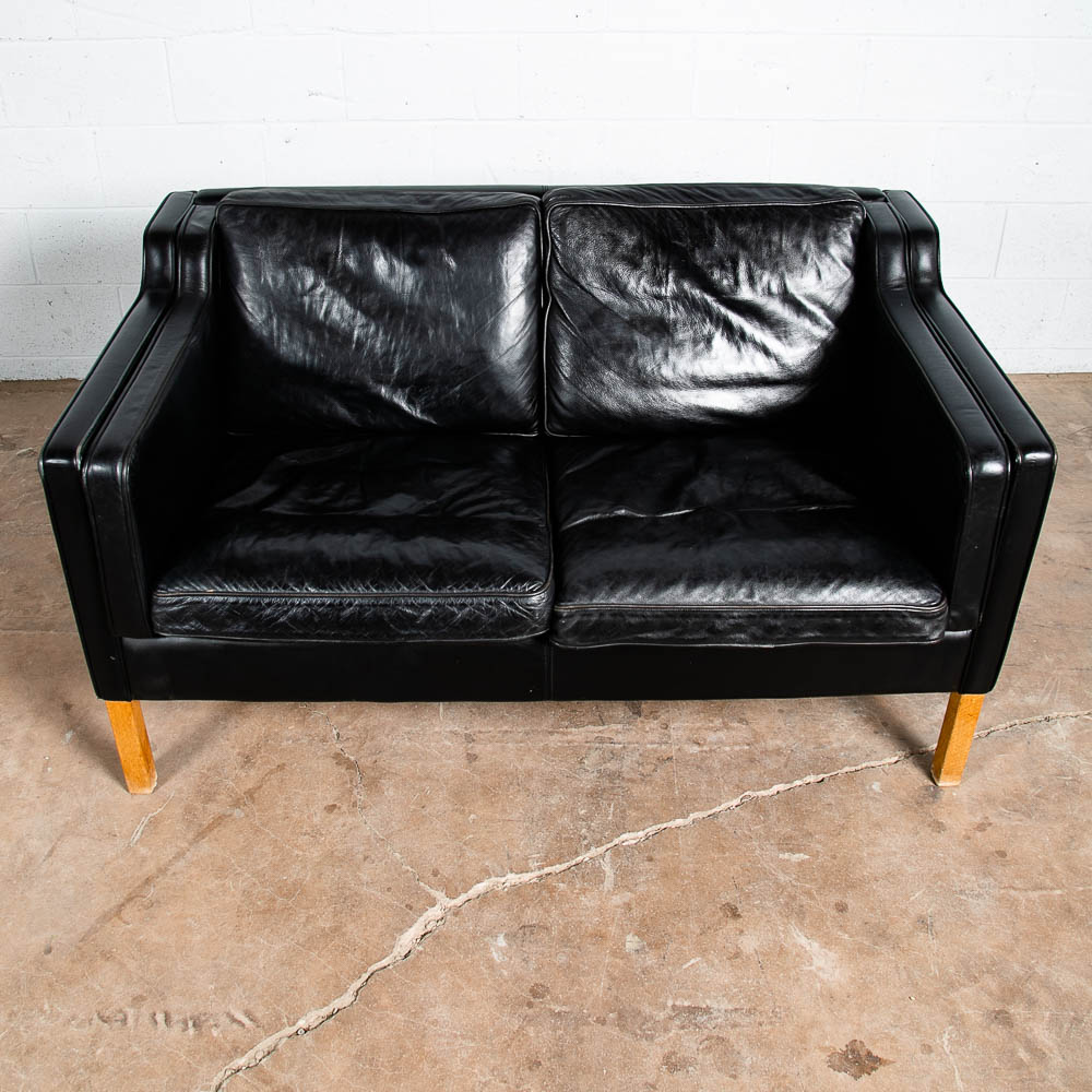 Mid Century Danish Modern Sofa Couch 2 Seat Borge Mogensen Leather Black Settee - Image 4