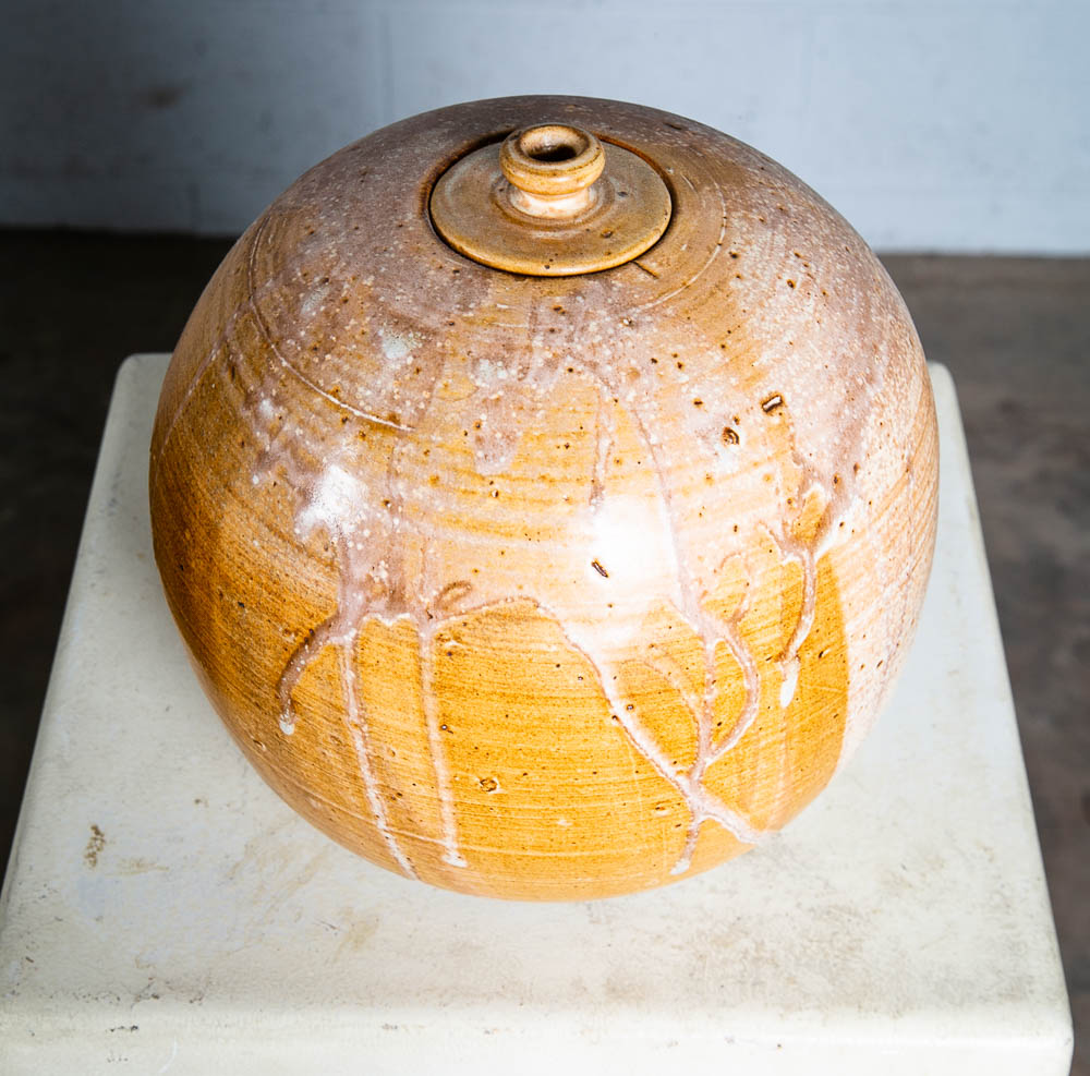 Mid Century Modern Lidded Pot Tan Brown Orange Round Studio Ceramic Japanese Mcm - Image 3