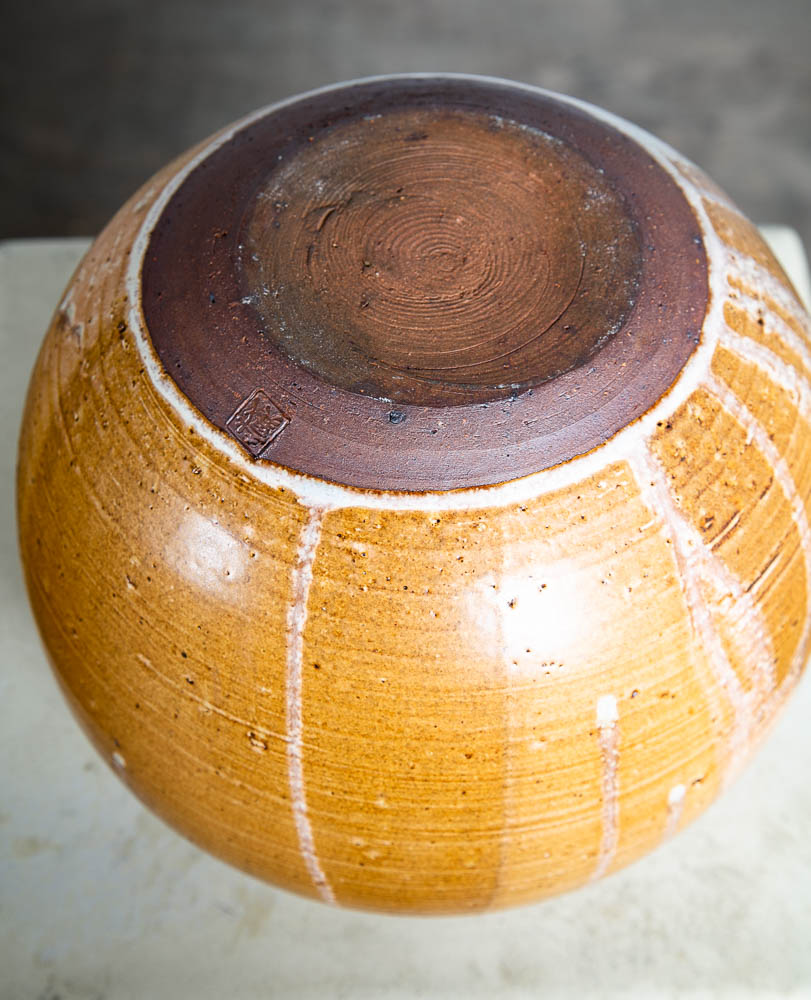 Mid Century Modern Lidded Pot Tan Brown Orange Round Studio Ceramic Japanese Mcm - Image 6