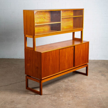 Mid Century Danish Modern Credenza Sideboard Teak 2 Tier Sled Legs Drawers Hutch