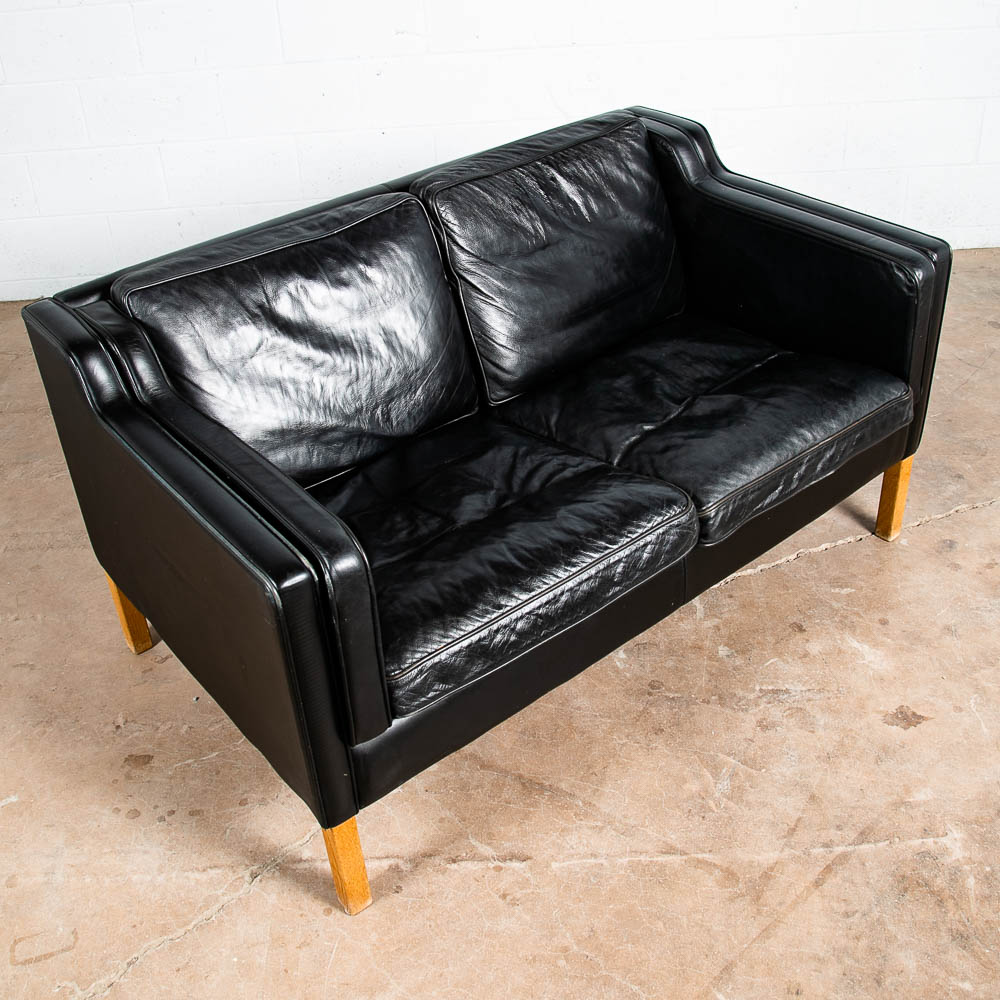 Mid Century Danish Modern Sofa Couch 2 Seat Borge Mogensen Leather Black Settee - Image 3