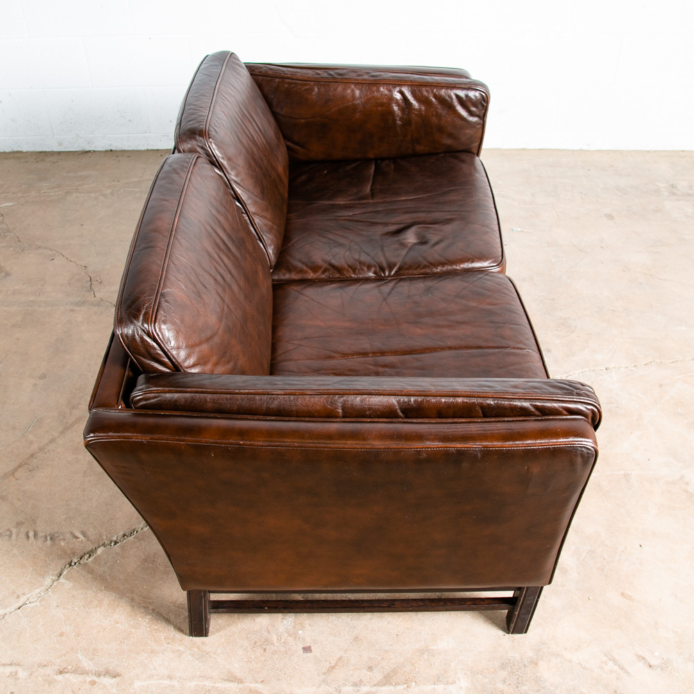 Mid Century Danish Modern Sofa Couch Brown Leather 2 Seat Settee Vintage Denmark - Image 6