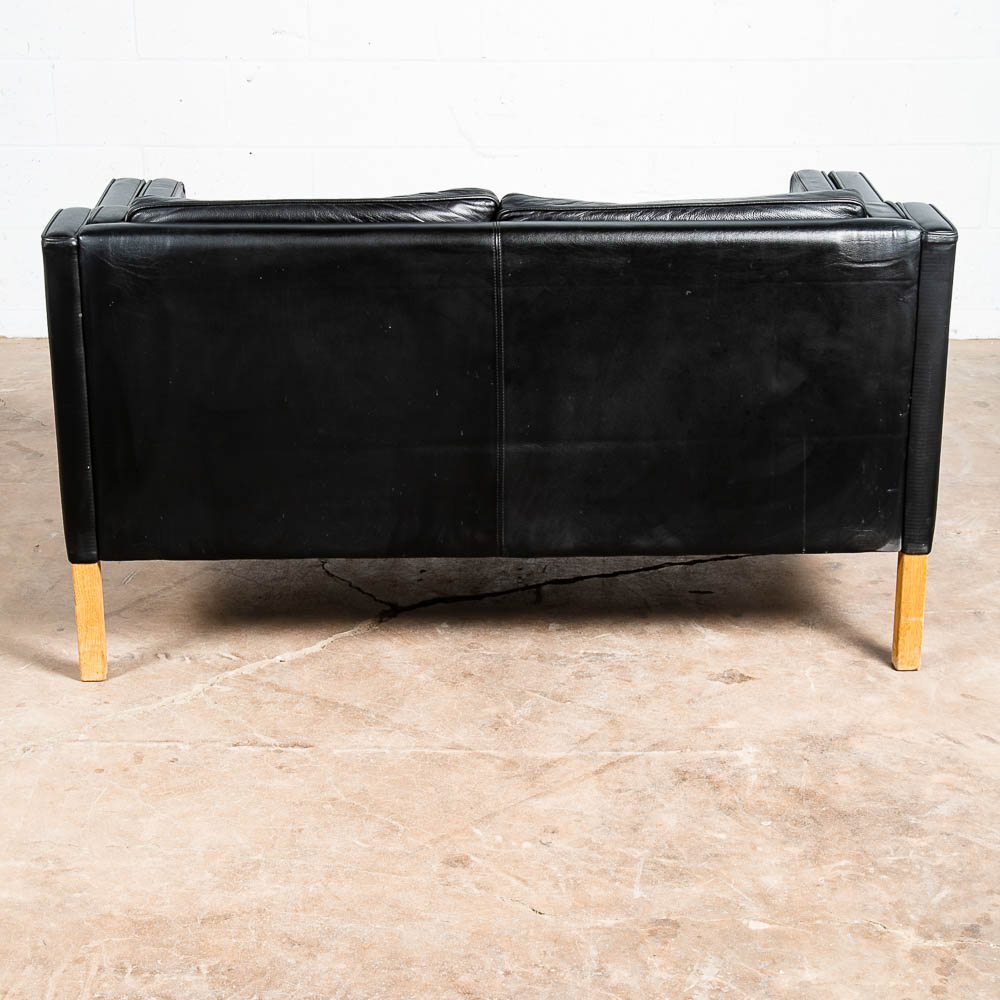 Mid Century Danish Modern Sofa Couch 2 Seat Borge Mogensen Leather Black Settee - Image 8