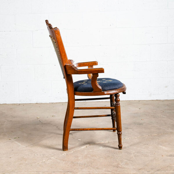 Antique Eastlake Chair Set Armchairs Blue Brown Burl Solid Walnut American Pair - Image 8