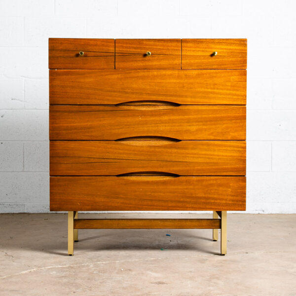 Mid Century Modern Highboy Dresser American Martinsville Brass Walnut 7 Drawer