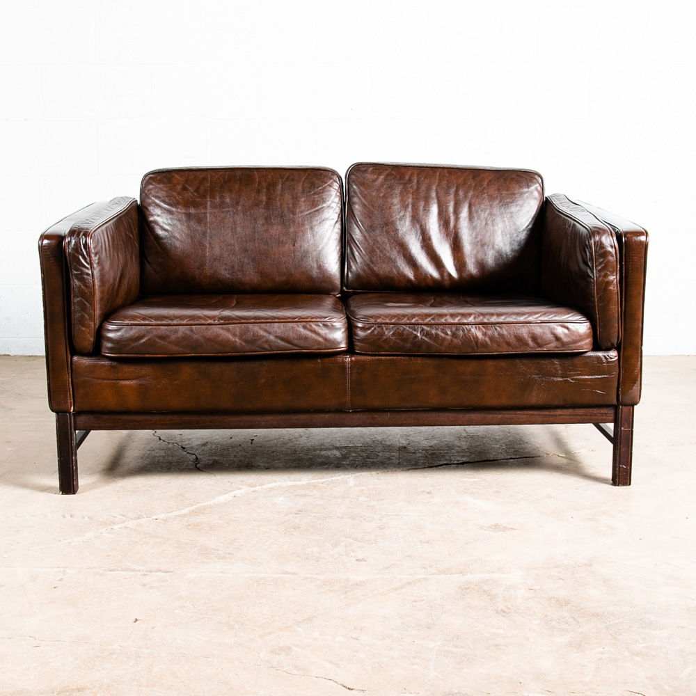 Mid Century Danish Modern Sofa Couch Brown Leather 2 Seat Settee Vintage Denmark - Image 2