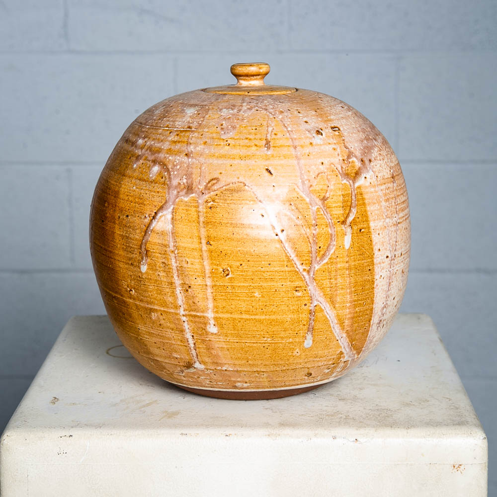 Mid Century Modern Lidded Pot Tan Brown Orange Round Studio Ceramic Japanese Mcm