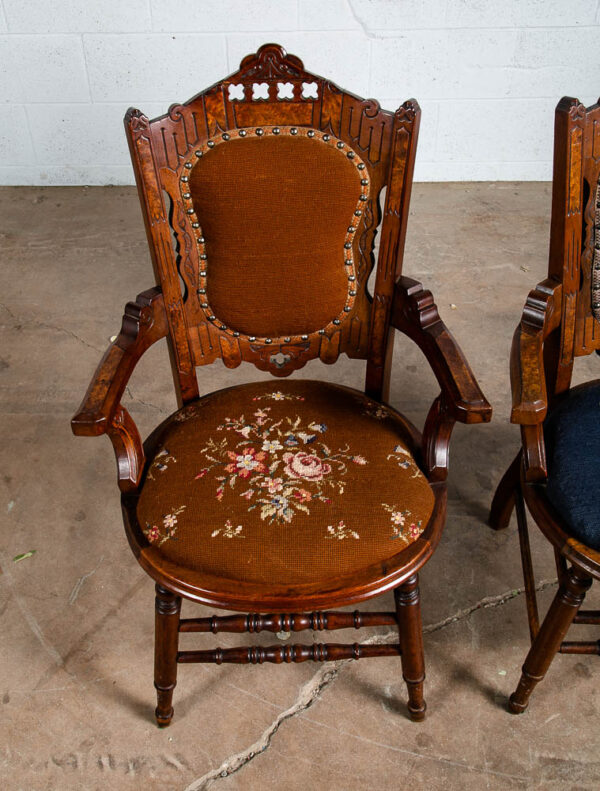 Antique Eastlake Chair Set Armchairs Blue Brown Burl Solid Walnut American Pair - Image 7