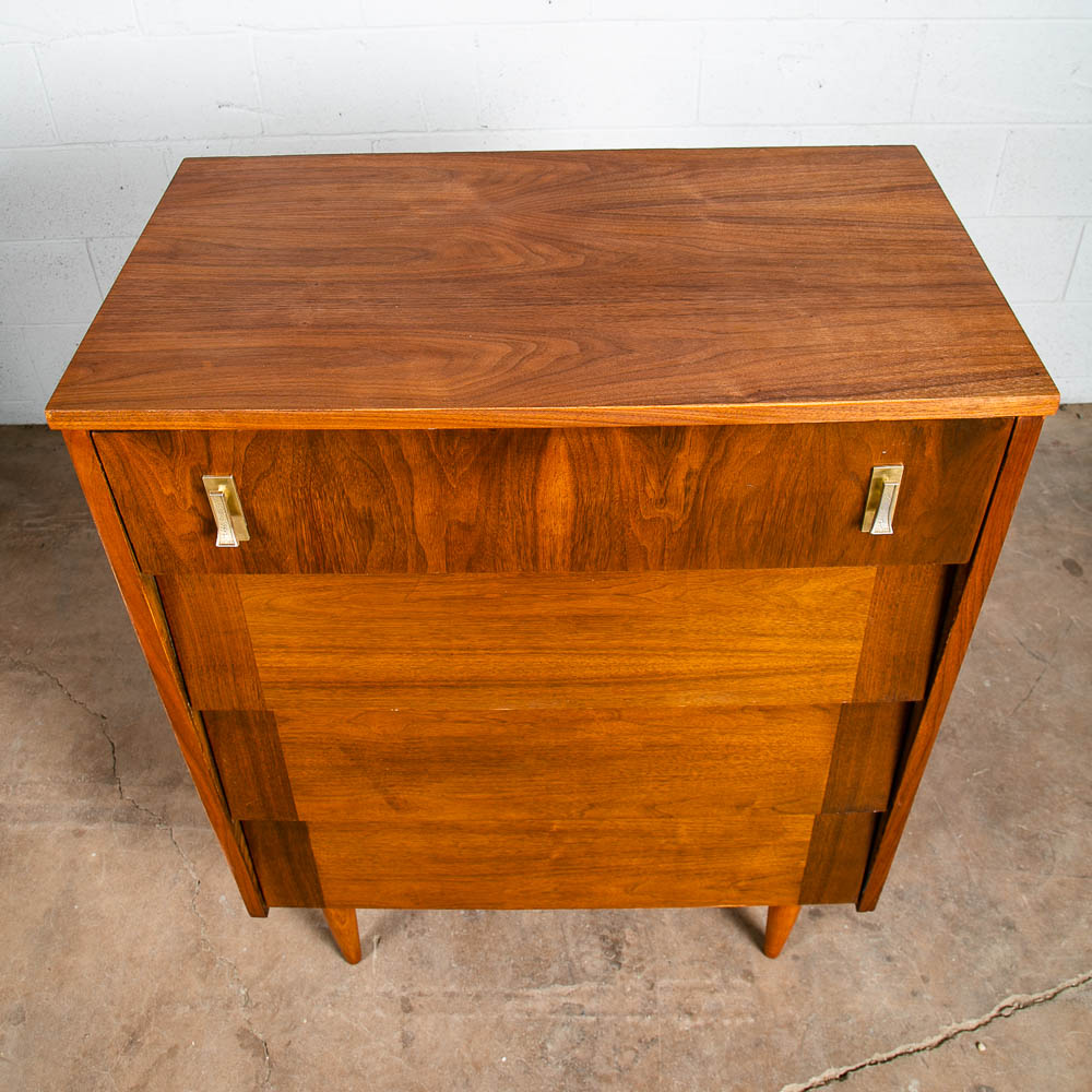 Mid Century Modern Dresser Highboy Walnut 4 Drawer Wood Brass Handle Restored - Image 4