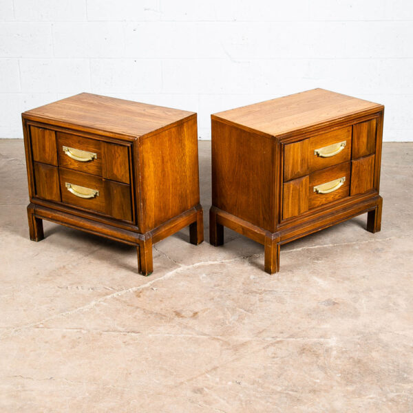 Mid Century Modern Nightstands End Table Set Side 2 Drawers Walnut Vintage Brass - Image 5
