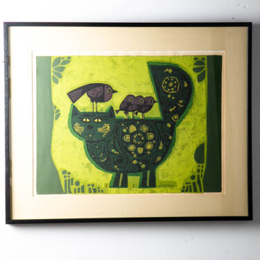 Mid Century Modern Art Print Serigraph David Weidman Green Cat Bird Signed 31x25