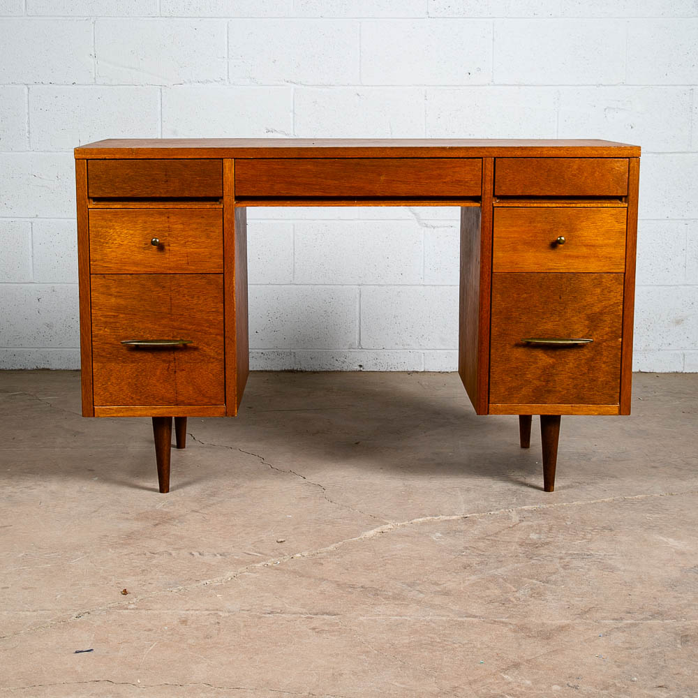 Mid Century Modern Desk Wood Office Executive Mcm 7 Drawer Brass Vintage Mcm 60s - Image 2